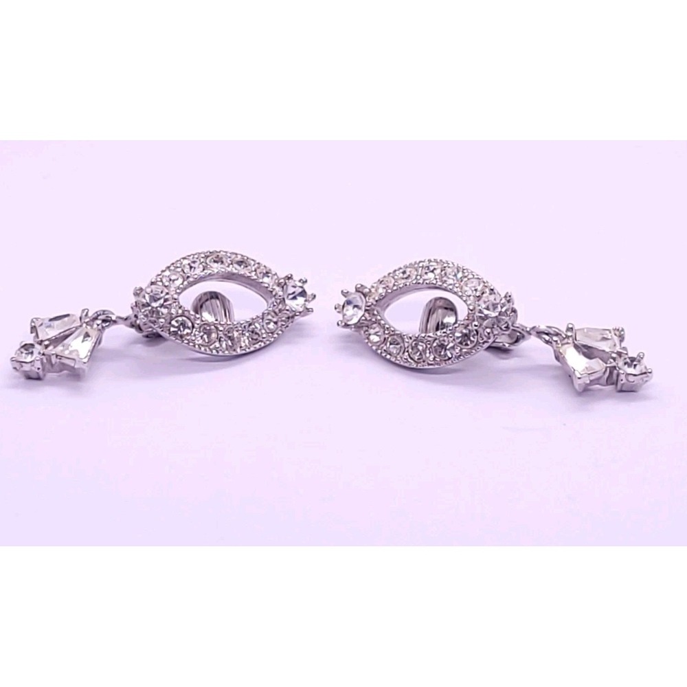 Vintage Sarah Coventry SAC Rhinestone Dangle Clip-On Earrings Silver Tone